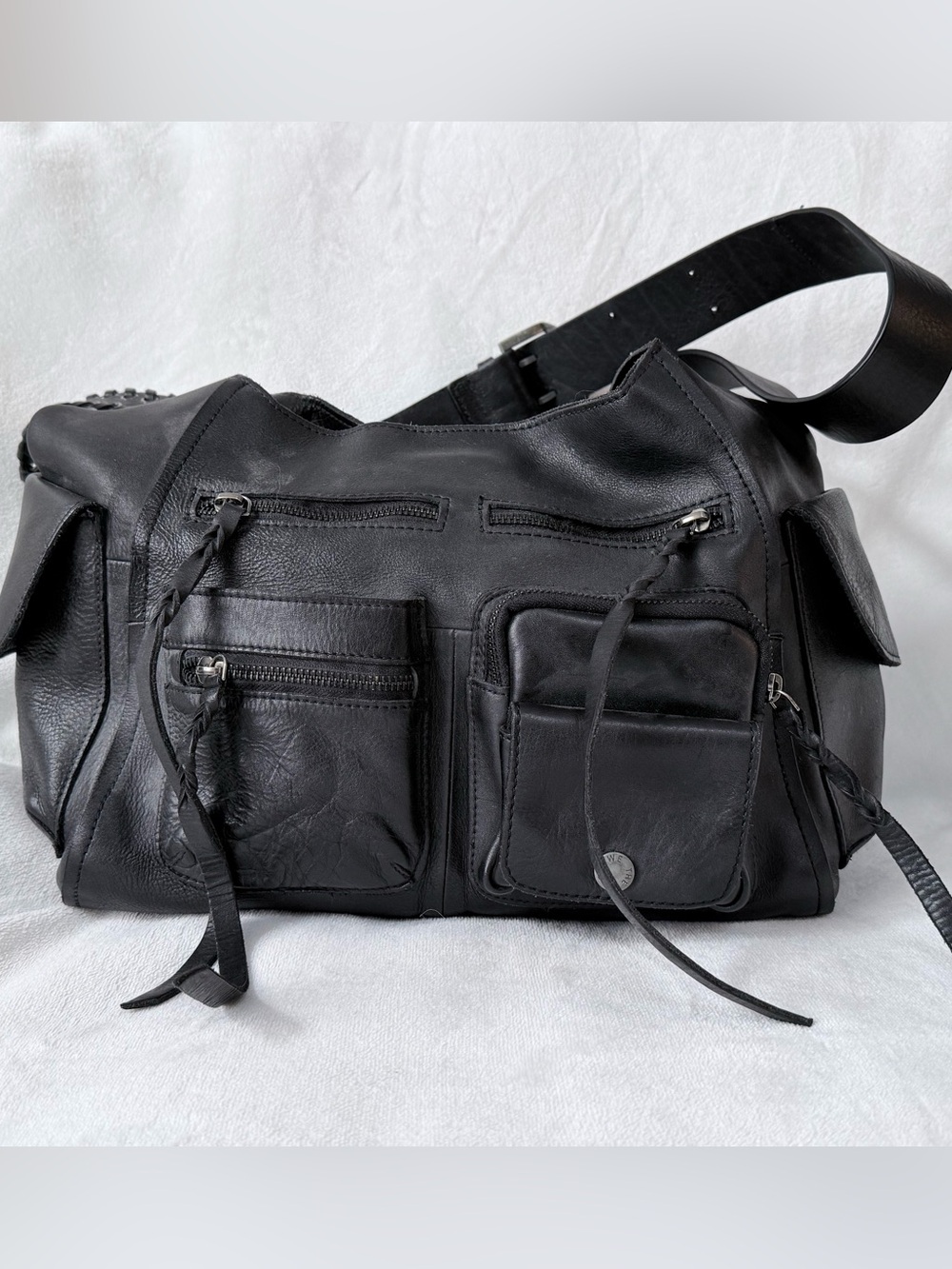 We The Free Black Leather Multi-Pocket Shoulder Bag
